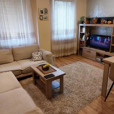 a living room with a couch and a table at Relax 2 besplatan parking in Obrenovac