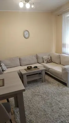 a living room with a couch and a table at Relax 2 besplatan parking in Obrenovac