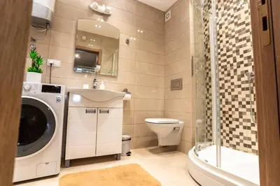 a bathroom with a washing machine and a toilet at Apartman AuRa in Arandjelovac