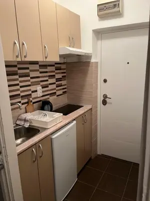 a small kitchen with a sink and a door at Grey in Belgrade