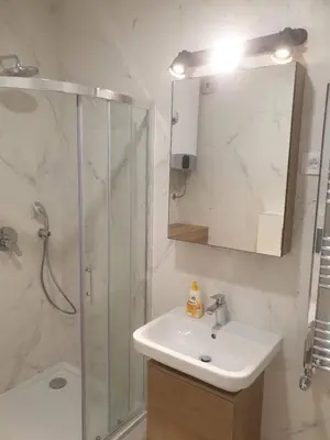 a bathroom with a shower and a sink and a mirror at Minel cosy apartment in Belgrade