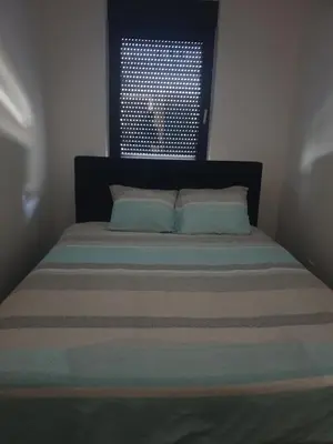 a bed with two pillows and a window in a room at Minel cosy apartment in Belgrade
