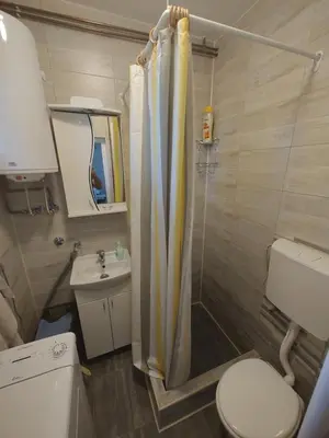 a bathroom with a shower and a toilet and a sink at Apartman Anastasija in Surčin
