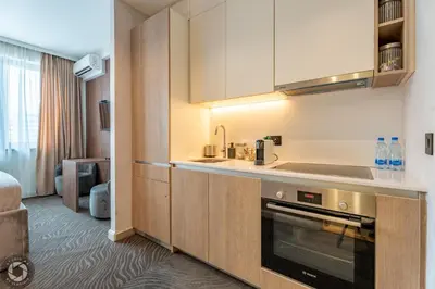 a kitchen with a sink and a stove top oven at Belgrade Waterfront Luxury Studio in Belgrade