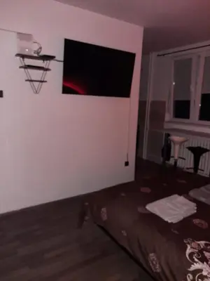 a bedroom with a bed in a room with a window at Dorcol Sunset Apartment in Belgrade