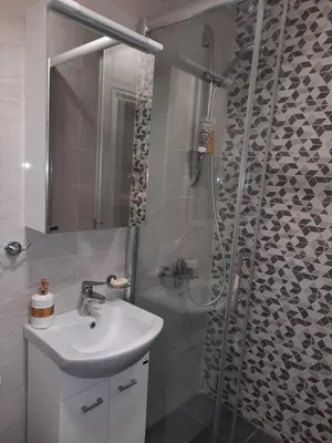 a bathroom with a sink and a shower at Dorcol Sunset Apartment in Belgrade
