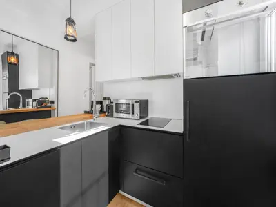 a kitchen with black cabinets and a black refrigerator at Enjoy B-52 Studio in Belgrade