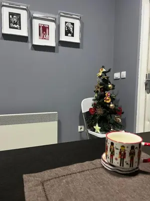 a christmas tree on a table with a coffee mug at Sandra City Center Apartment in Belgrade