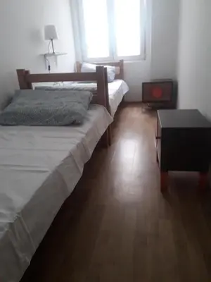 a bedroom with two beds and a wooden floor at Jasmin in Belgrade