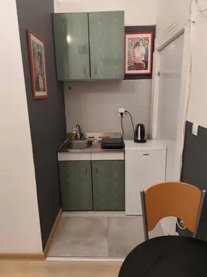 a small kitchen with green cabinets and a sink at JASMIN suites in Belgrade