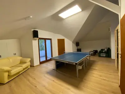 a ping pong table in a living room with a couch at House Reko in Novi Grad