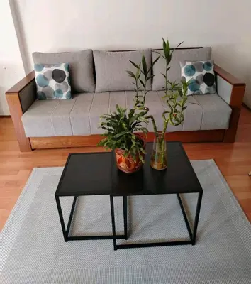 a living room with a couch and a table with plants at Apartman Oaza Olja in Belgrade