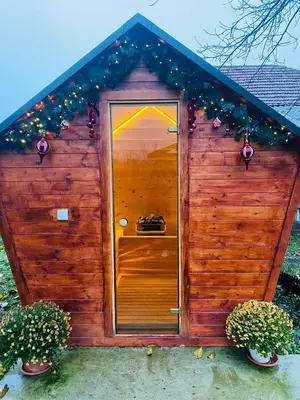 a outhouse with a door with christmas lights at Bukovički mir in Arandjelovac