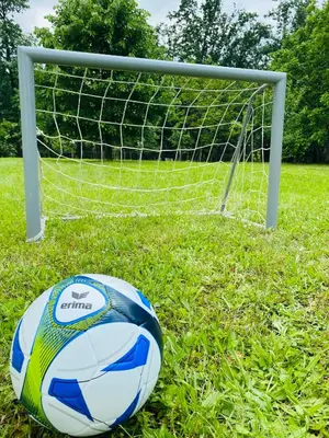 a soccer ball sitting in front of a goal at Bukovički mir in Arandjelovac