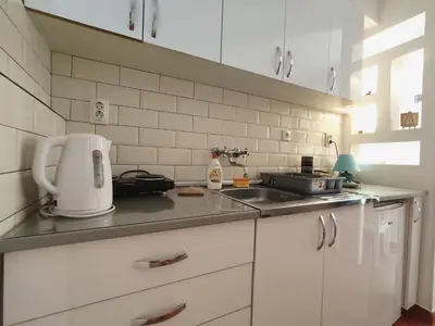 a kitchen with a sink and a counter top at Ada Belgrade Apartment in Belgrade
