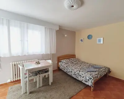 a small bedroom with a bed and a table at Ada Belgrade Apartment in Belgrade
