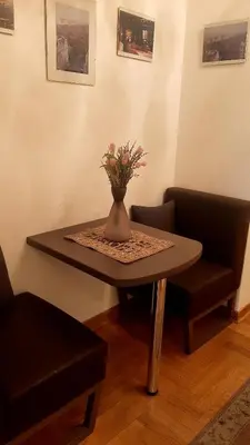 a table with a vase with flowers on it at Modern Lux Studio w Inside parking 5 min from Skadarlija, Republic Sqre in Belgrade
