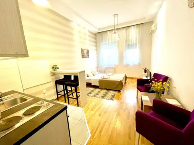a room with a kitchen and a living room at DORA stan na dan Novi Beograd Savada Blok A, parking 5 evra dan in Belgrade