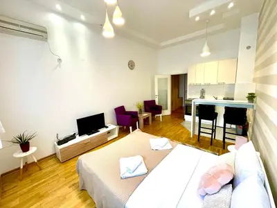 a room with a bed and a living room with a kitchen at DORA stan na dan Novi Beograd Savada Blok A, parking 5 evra dan in Belgrade