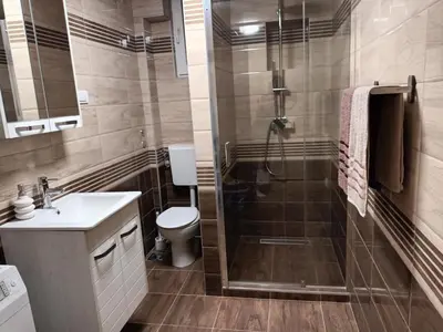 a bathroom with a shower and a sink and a toilet at Apartman Marina in Sajmište