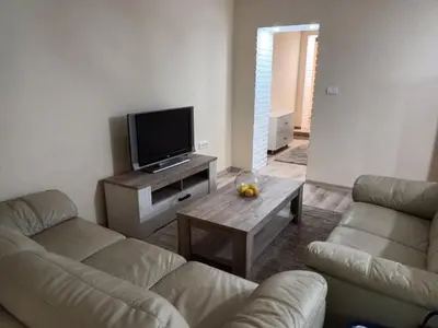 a living room with two couches and a flat screen tv at Apartman Marina in Sajmište