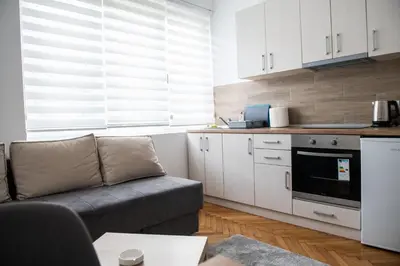 a living room with a couch and a kitchen at APARTMAN TEA 3 in Čukarica