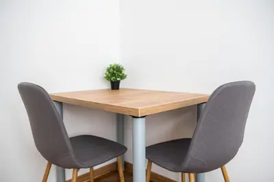 a wooden table with two chairs and a potted plant at APARTMAN TEA 3 in Čukarica