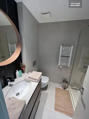 a bathroom with a sink and a toilet and a mirror at BW TERRACE top floor apartments with river view & self check-in in Belgrade