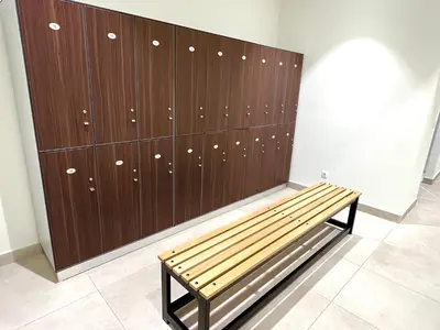 a closet with a bench in front of it at BW TERRACE top floor apartments with river view & self check-in in Belgrade