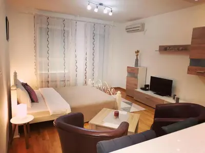 a living room with a bed and a table and chairs at VIKONT studio apartment with parking 5 eur per day in Belgrade