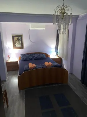 a bedroom with a bed with two night stands and a chandelier at Verica in Vračar (historical)