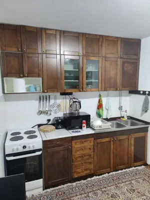 a kitchen with wooden cabinets and a stove top oven at Apartment Miljakovac in Belgrade