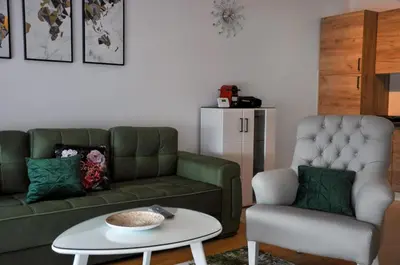 a living room with a green couch and a chair at Guest House Atena in Nova Pazova