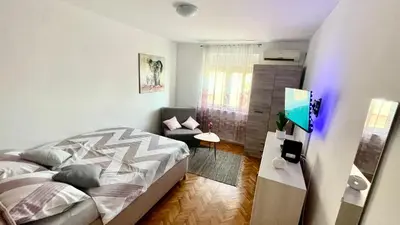 a bedroom with a bed and a couch and a television at Sweet Venac in Belgrade