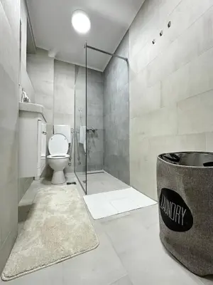 a bathroom with a toilet and a shower and a tub at The Blue Velvet Apartment in Belgrade