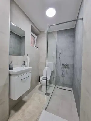 a bathroom with a shower and a toilet and a sink at The Blue Velvet Apartment in Belgrade