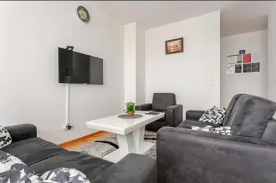 a living room with two couches and a tv at Penthouse Danube Exclusive, Parking, 90m2, Wifi in Novi Grad