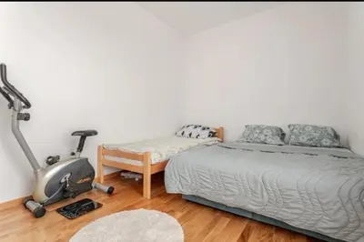 a bedroom with a bed and a treadmill next to a desk at Penthouse Danube Exclusive, Parking, 90m2, Wifi in Novi Grad