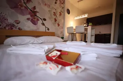 a room with two beds with a box on it at Apartman Dana in Nova Pazova