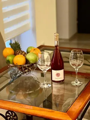 a bottle of wine and two glasses on a table at Hugolina LUX in Belgrade