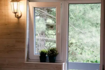 a window with two potted plants on a window sill at Kućerak Sofija in Čortanovci