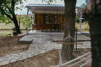a wooden bench in front of a tree at Kućerak Sofija in Čortanovci