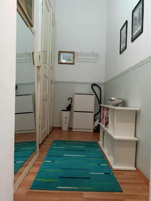 a hallway with a green rug on the floor at Evergreen in Belgrade