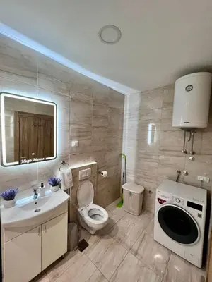 a bathroom with a toilet and a sink and a washing machine at Hugo Bianca LUX in Belgrade