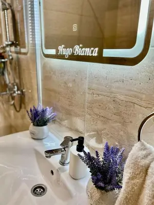 a bathroom sink with a faucet and purple flowers at Hugo Bianca LUX in Belgrade