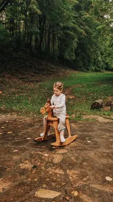 a young child sitting on a wooden toy horse at Rent a Forest, Cabin Hidden in the Fruška gora in Velika Remeta