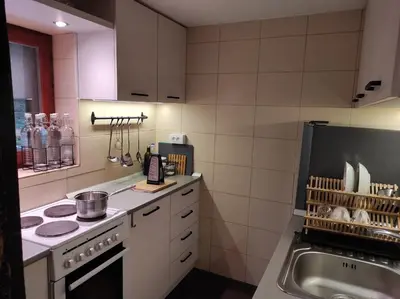 a kitchen with a stove and a sink at Rent a Forest, Cabin Hidden in the Fruška gora in Velika Remeta