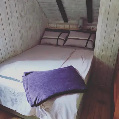 a bed in a small room with a purple blanket on it at Rent a Forest, Cabin Hidden in the Fruška gora in Velika Remeta
