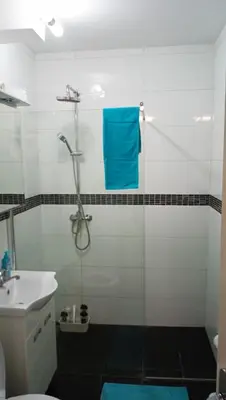 a bathroom with a shower with a blue towel on the wall at Milan in Belgrade
