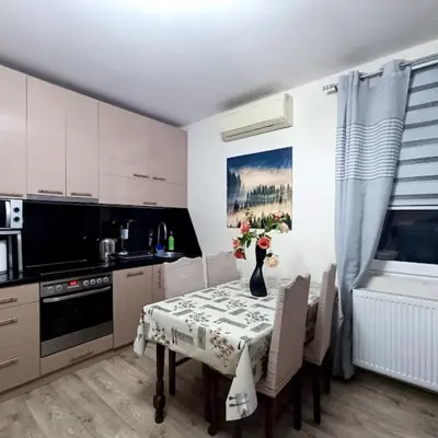 a kitchen with a table with a vase of flowers on it at MARIJA sa besplatnim parkingom in Novi Beograd